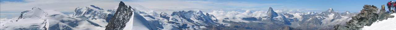180� Panorama, vom Allalinhorn: V.l.: Strahlhorn, Dufourspitze, Rimpfischhorn, Castor, Pollux, Breithorn, Matterhorn...